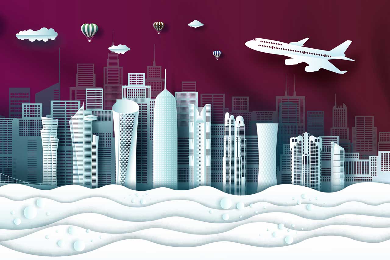 Grafik Qatar Flugzeug über der City